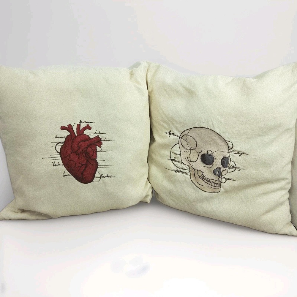Set Of 2 Machine Embroidered Spooky Halloween Pillows Anatomical Heart And Skull